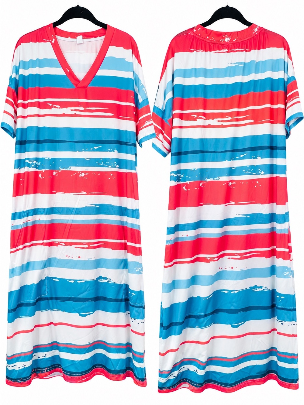 NWOT Striped V-Neck Dress w/ Pockets Coral Blue Plus Size 1X-2X